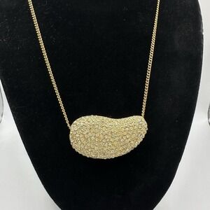 Les Bernard Rhinestone Pave Kidney Bean Slide Pendant Necklace Gold Tone 18"